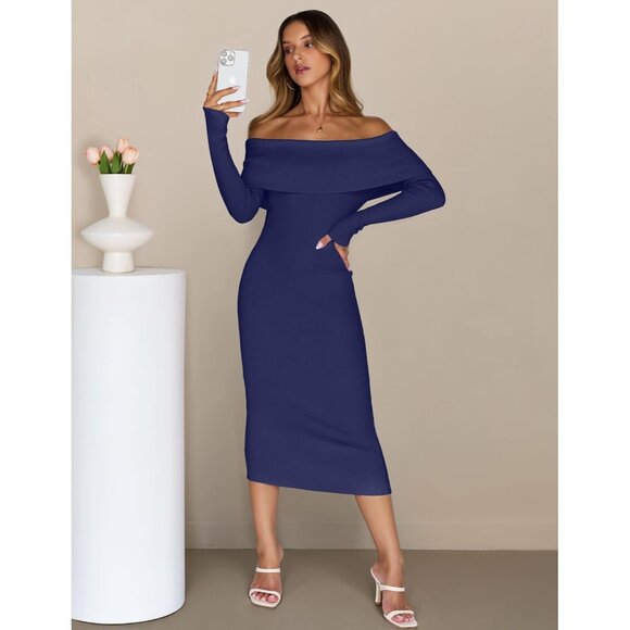 Merokeety Women's Navy Off Shoulder Long Sleeve Elegant Bodycon Midi Dress - Picture 7 of 9